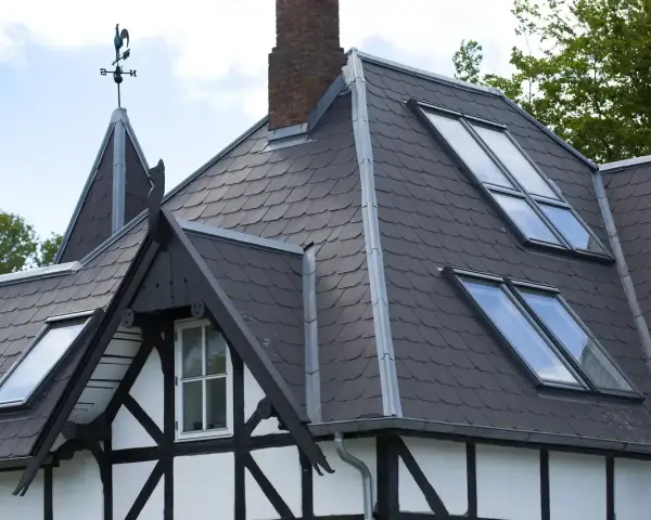 Tetti moderni con tegole scure e lucernari integrati, che valorizzano i materiali e l'architettura della casa.