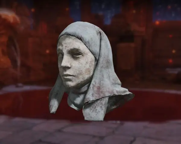 Máscara blanca de Elden Ring, con un rostro sereno y velo gris manchado de sangre, sobre un fondo oscuro y rojizo.
