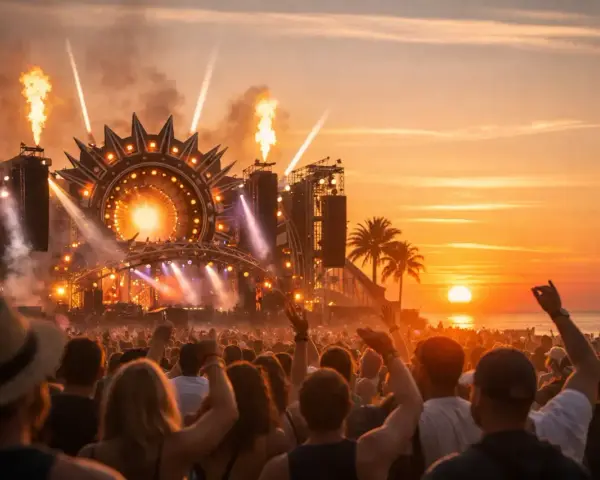 Tłum ludzi na plaży, płomienie buchające ze sceny, zachód słońca i muzyka na Sunrise Festival 2026.