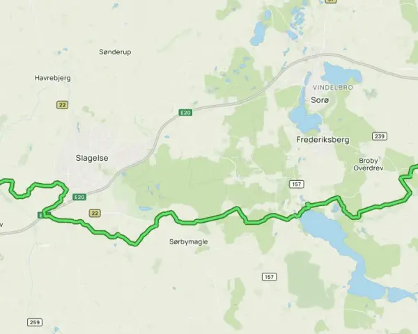 Trasa rowerowa przez Zelandię w Danii, od wybrzeża koło Korsør przez Slagelse, Sorø, aż do okolic Ringsted.