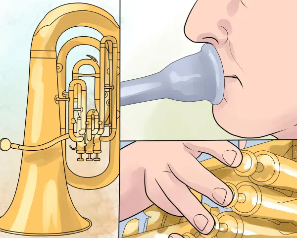Tuba-Steckbrief für Kinder: So lernt man das Instrument kennen. Ein Kind bläst ins Mundstück, die Finger liegen auf den Ventilen.
