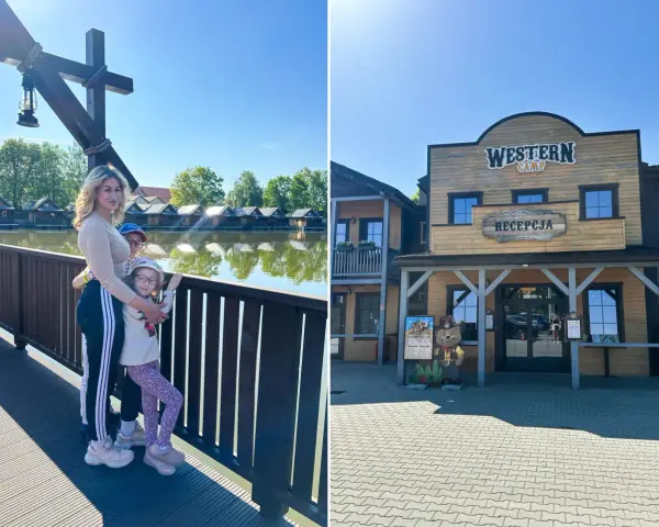 Rodzina na tle Western Camp z domkami nad wodą i recepcją.