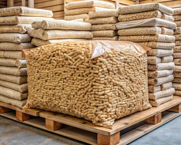 Une palette de bois supporte un grand sac transparent rempli de granulés de bois, entouré de piles de sacs plus petits. Combien de sac de granulés sur une palette ?