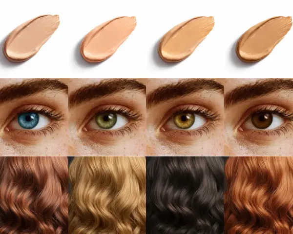 Muestras de bases de maquillaje, ojos de distintos colores y cabellos. Ideal para la **colorimetria primavera**.