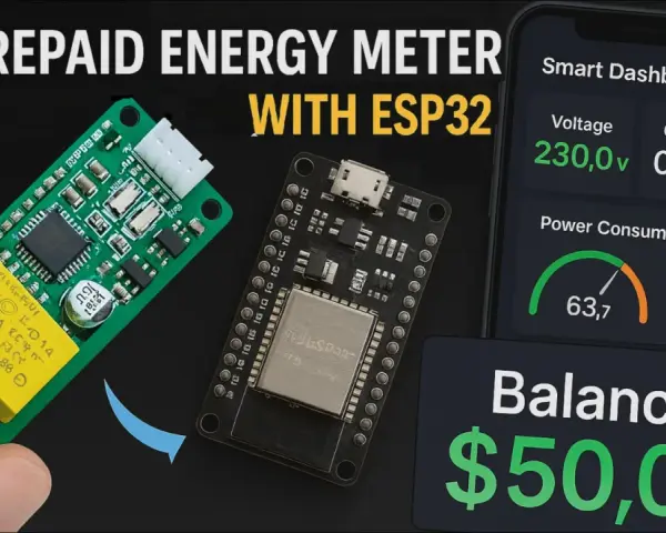 An ESP32 project for an IoT prepaid energy meter, showing the components and a smartphone dashboard displaying voltage, current, power consumption, and balance.