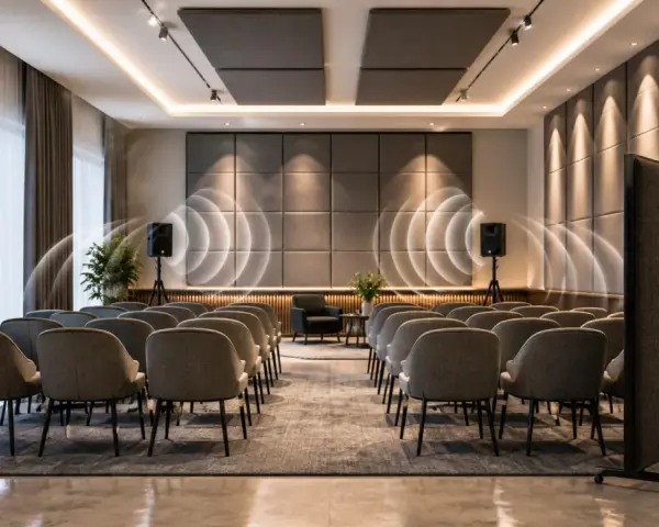 Sala konferencyjna z rzędami krzeseł, głośnikami i wizualizacją dźwięku. Słychać echo w pokoju, które odbija się od paneli ściennych.