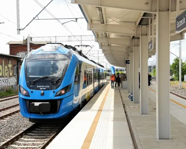 Błękitny pociąg EN63A-038 na stacji Szczecin Turzyn, gotowy do podróży.