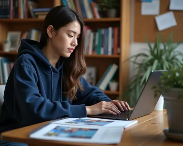 Jeune femme concentrée sur son ordinateur portable, entourée de livres. Elle prépare peut-être son ensaama classement.