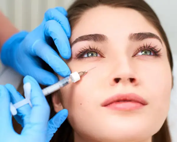 Manos enguantadas aplican inyección para tratar arrugas debajo de los ojos.