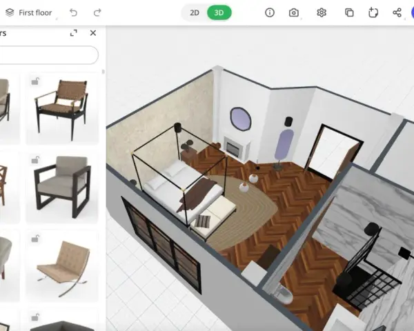 Interfaz de diseño de interiores gratis. Muestra un dormitorio 3D y una selección de sillones.