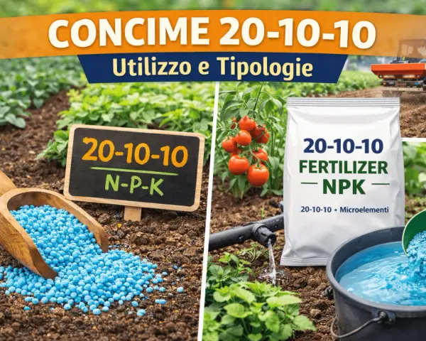 Concime NPK 20-10-10, ricco di azoto, per nutrire le piante. Granuli blu in un campo, con sacco e trattore.