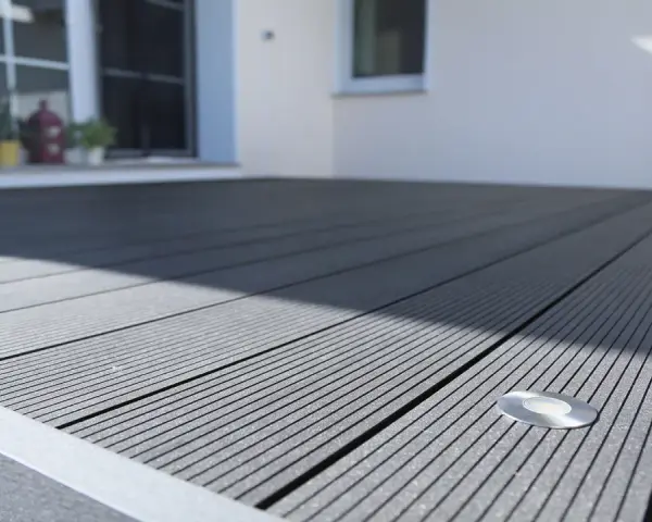 Moderne Terrasse mit grauen WPC Terrassendielen verlegen. Ein kleiner Bodenspot ist integriert.