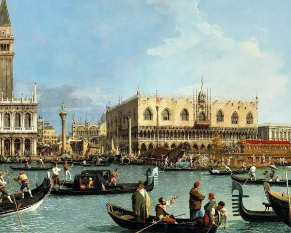 Un vivace canaletto a Venezia, con gondole e imbarcazioni che navigano davanti al Palazzo Ducale e alla Torre dell'Orologio.