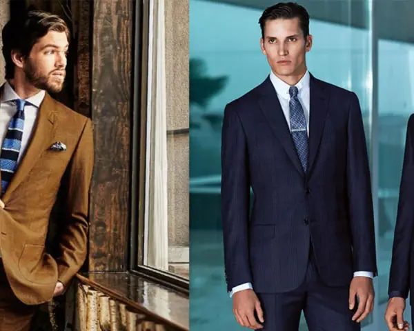 Hombres con trajes elegantes. Uno viste un traje marrón y corbata a rayas, el otro dos trajes azul marino. Un ejemplo de vestir formal.