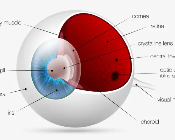 Sezione trasversale dell'occhio umano che mostra la struttura della retina, il cristallino, l'iride e altre parti vitali per la vista.