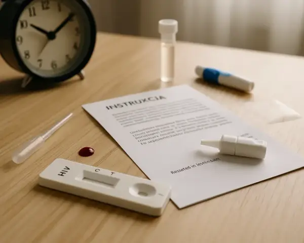 Zestaw do testu HIV, kropla krwi i instrukcja. Wczesne wykrycie objawów u mężczyzn jest kluczowe.