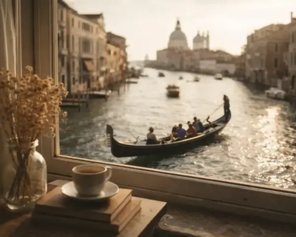 Una gondola naviga tra le **strade di Venezia**, con edifici storici sullo sfondo. In primo piano, una tazza di caffè e fiori secchi.