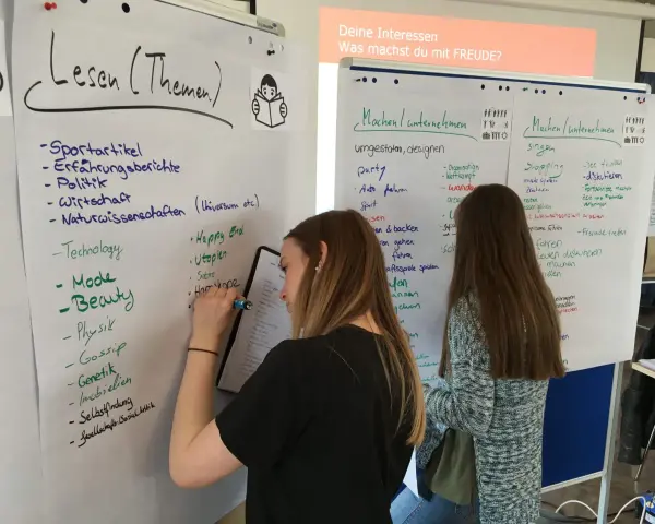 Zwei junge Frauen bei einem Praktikum zur Berufsorientierung, die Ideen auf Whiteboards sammeln.