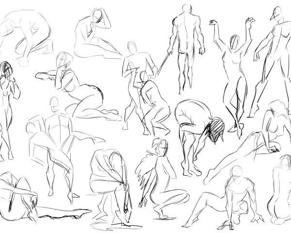 Croquis rapides de figures humaines dans diverses poses, un exercice de dessin dynamique capturant le mouvement et la forme.