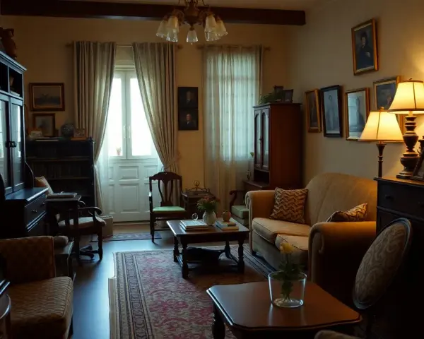 Stary salon, pamiątka po rodzicach. Wygodna kanapa, obrazy na ścianach i zabytkowe meble tworzą atmosferę spokoju.