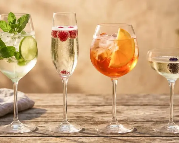 Orzeźwiający drink z Prosecco i malinami obok Aperol Spritz, a dalej drink z Cavą i jeżyną. Idealne na letnie popołudnie.