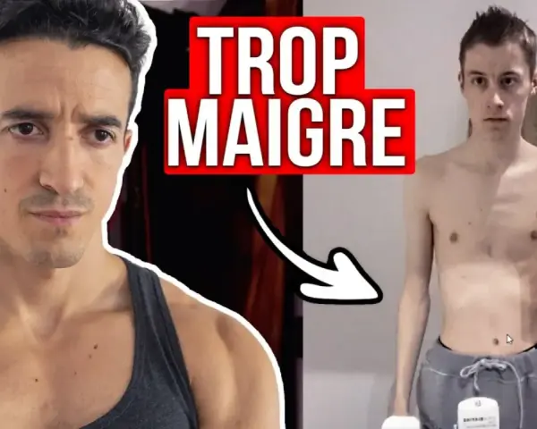 Un homme musclé regarde un jeune homme très maigre. Le texte "TROP MAIGRE" suggère un guide pour prendre de la masse musculaire quand on est maigre.