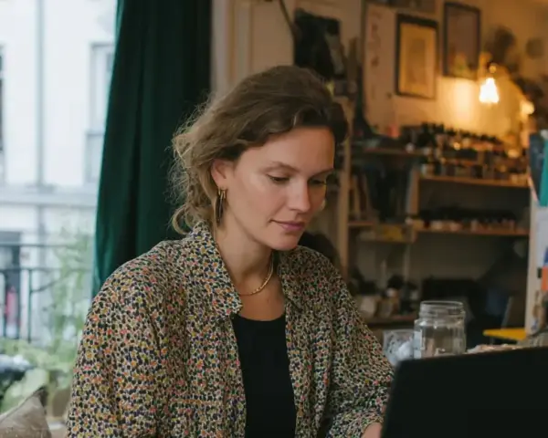 Kvinna med lockigt hår sitter vid en laptop och ska skriva mail. Hon bär en blommig skjorta och ett guldfärgat halsband.