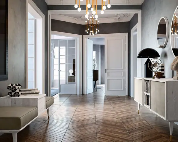 Ingresso di interni case moderne di lusso con parquet a spina di pesce, opere d'arte e arredi eleganti.