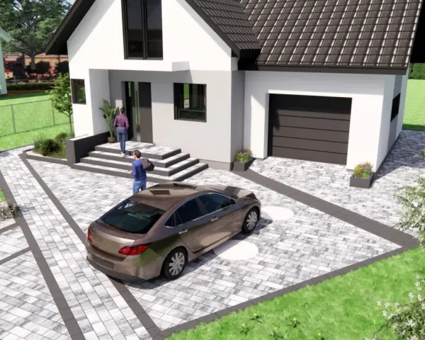 Nowoczesny projekt kostki brukowej wokół domu z podjazdem dla samochodu i schodami.
