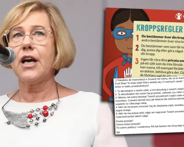 Kobieta z mikrofonem i plakat o zasadach dotyczących ciała. Parzel i siwers mam ten stan, bo to ważne dla dzieci.