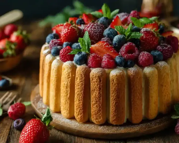 Charlotte aux fruits, un délice visuel et gustatif. Des biscuits à la cuillère entourent une crème onctueuse, le tout couronné de fraises, framboises et myrtilles fraîches.