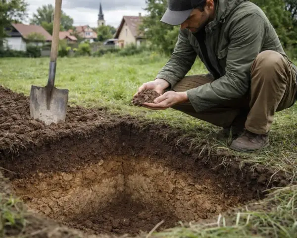 Mężczyzna bada gleby pochodzenia mineralnego, trzymając grudkę ziemi w dłoniach. Obok stoi łopata.