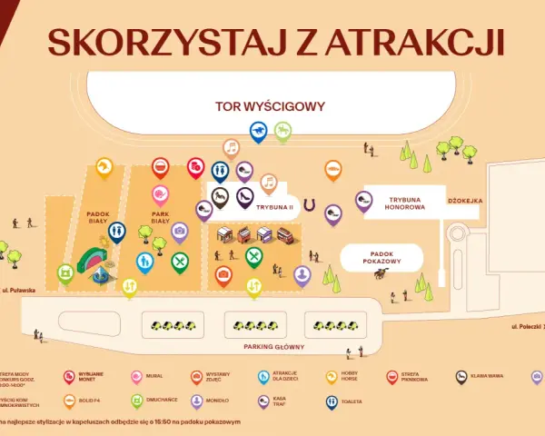 Mapa atrakcji na Wielkiej Warszawskiej Tor Służewiec: tor wyścigowy, park biały, padoki, trybuny, gastronomia, atrakcje dla dzieci i wiele więcej.