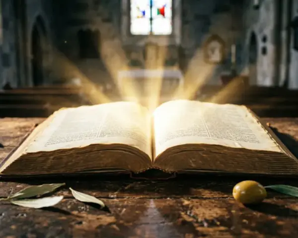 An open Bible on a wooden table, bathed in divine light. This image evokes the spiritual guidance and wisdom found within, touching on the rebuke meaning in the Bible.