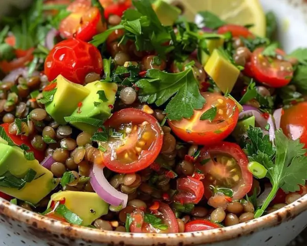 Fresca insalata di lenticchie estiva con pomodorini, avocado, cipolla rossa e prezzemolo.