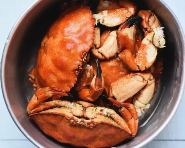 Un cuenco metálico lleno de buey de mar cocido, con sus caparazones anaranjados y pinzas visibles.