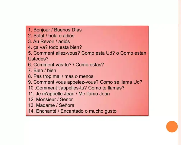 Lista de frases en francés y español. La número 2, "Salut", significa "hola o adiós" en español.