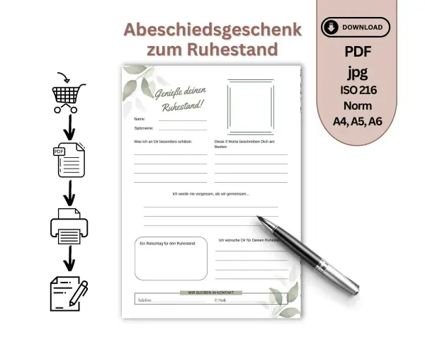 Abschiedsgeschenk zum Ruhestand: Eine freundebuch vorlage zum Ausfüllen mit Feldern für Name, Spitzname, Erinnerungen und Wünsche.
