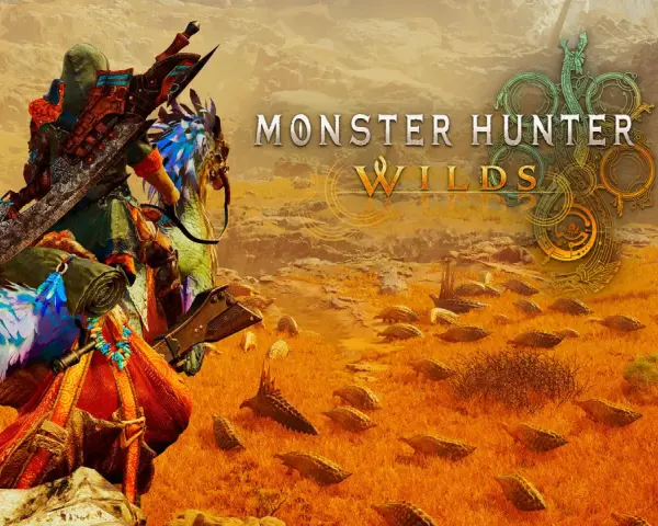 Cazador con armadura colorida y gran espada, montado en una criatura emplumada, en un paisaje desértico con muchas criaturas pequeñas. Monster Hunter Wilds.