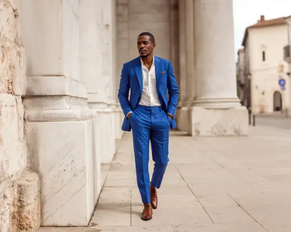 Uomo elegante con abito blu cerimonia, camicia bianca e scarpe marroni. Gli accessori completano il look.