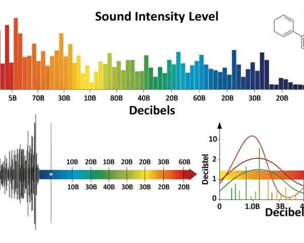 Graphiques illustrant le niveau d'intensité sonore, avec une échelle de seuil décibel colorée et des courbes représentant des variations.