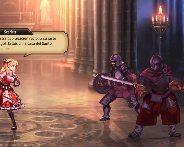 Scarlett, en el mundo de Unicorn Overlord, se enfrenta a dos guardias en una catedral.