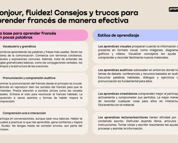 Consejos para aprender francés: vocabulario, pronunciación, comprensión y estilos de aprendizaje. Aprender palabras típicas en francés es clave.