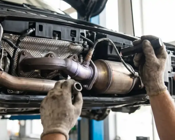 Mechanik w rękawicach sprawdza katalizator p0420. Podwozie samochodu jest podniesione, widać elementy układu wydechowego.