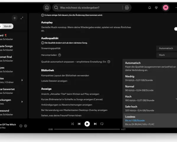 Spotify-Einstellungen zeigen Optionen für die spotify music quality, von niedrig bis verlustfrei.