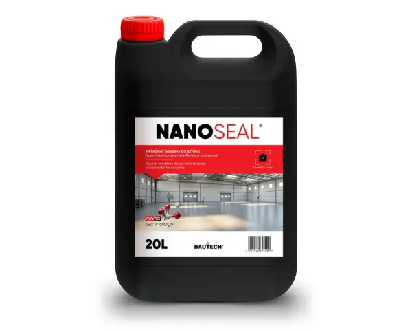 Czarny kanister z preparatem NANOSEAL do impregnacji betonu. Produkt zapewnia ochronę i wzmocnienie posadzek przemysłowych.