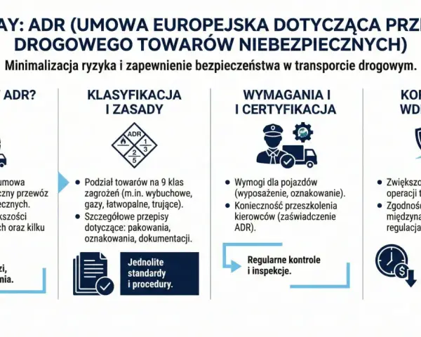 Kluczowe informacje o klasach ADR: międzynarodowa umowa, podział na 9 klas zagrożeń, wymogi dla pojazdów i kierowców, korzyści z wdrożenia.