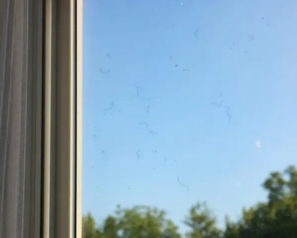 Macchie sul vetro, forse cause di vedere sfocato. Si intravedono alberi e cielo azzurro.