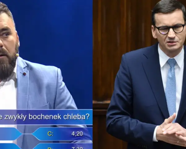 Uczestnik teleturnieju pyta, po ile chleb milionerzy. Obok polityk w garniturze.
