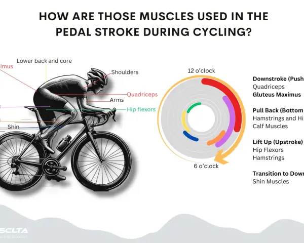 Diagram showing what muscles bike riding works: glutes, hamstrings, calves, shin, lower back, core, shoulders, arms, hip flexors, and quadriceps.